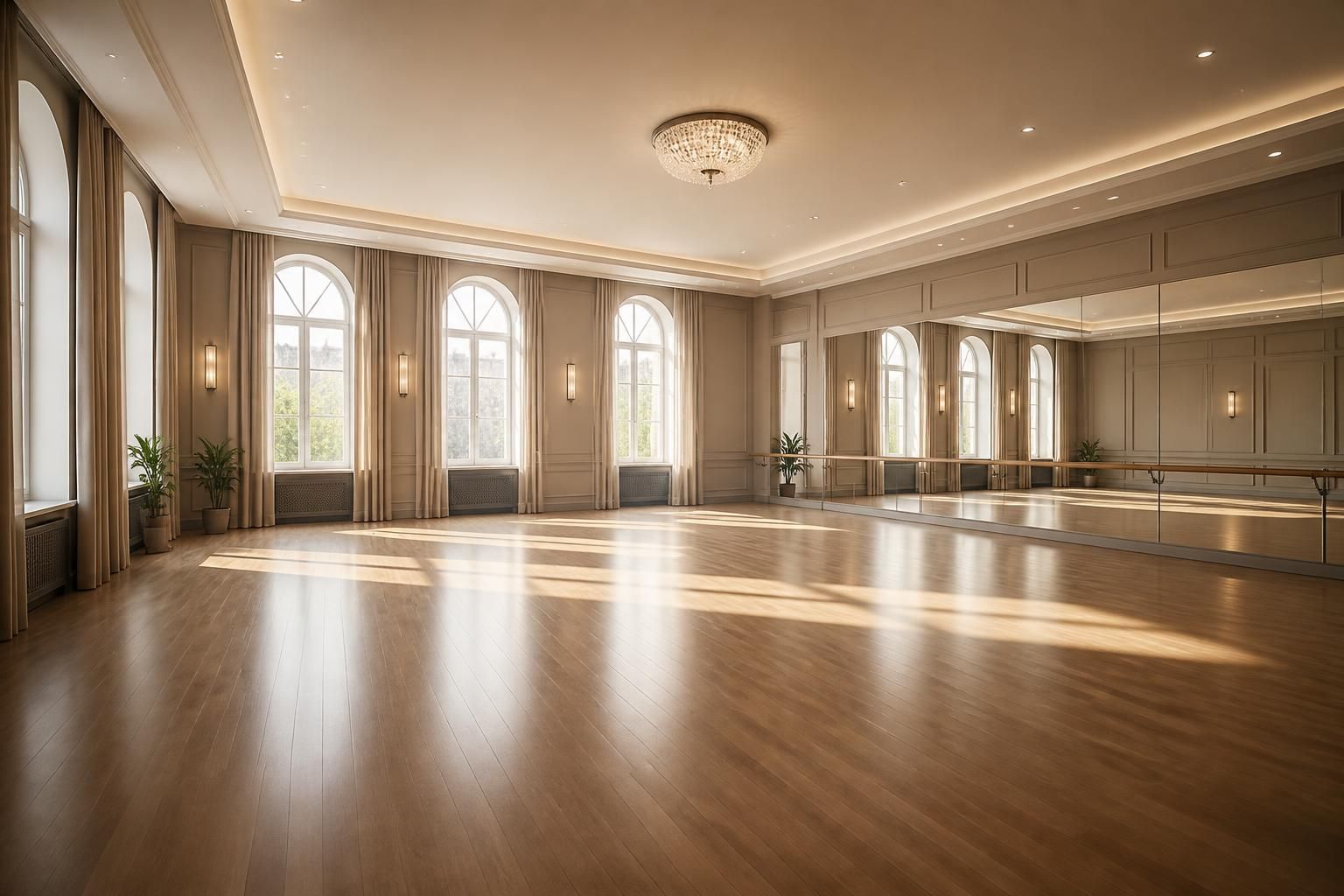 Calm ballroom studio with open floor space and room for text.