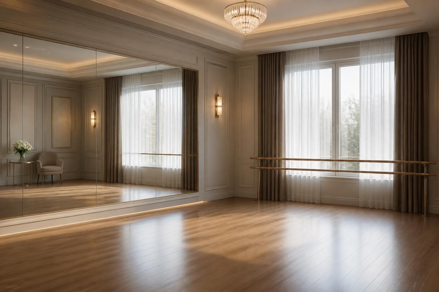 Private ballroom practice corner with elegant lighting and clean floor.