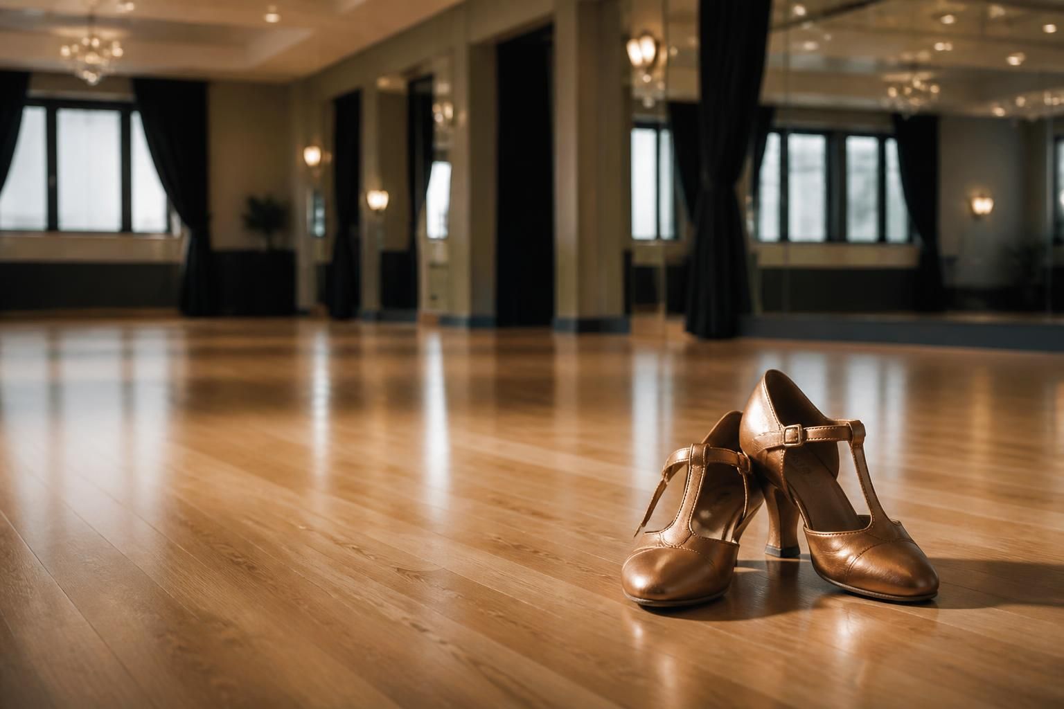 Competition-ready ballroom studio with mirrored walls and pristine floor.
