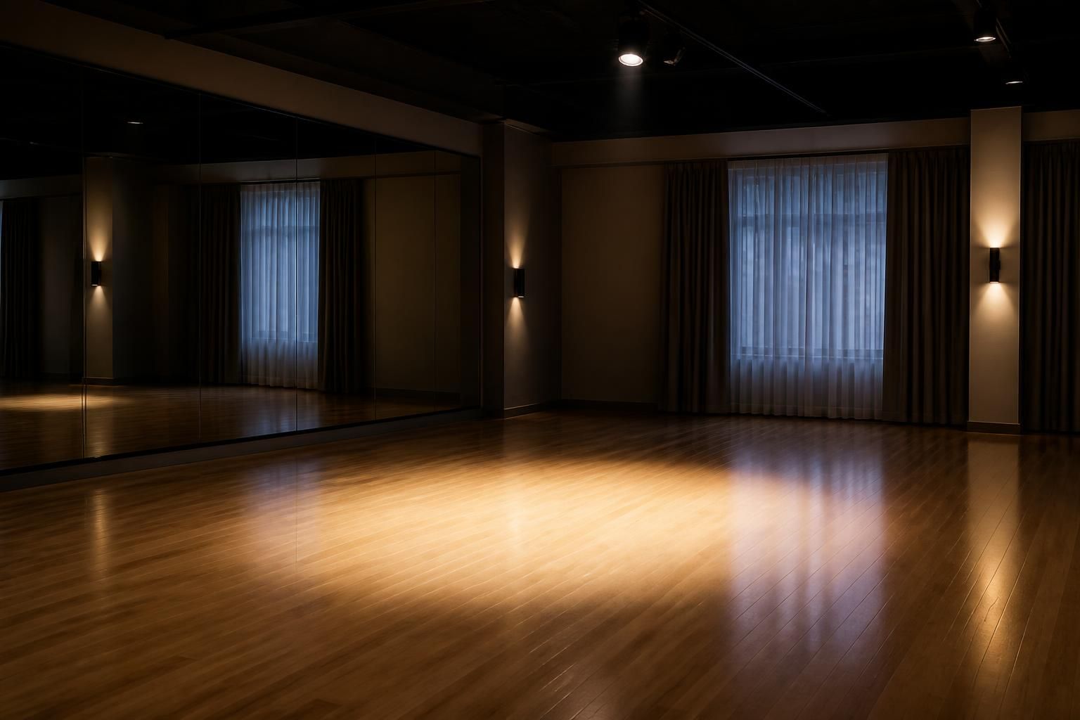 Private ballroom practice area with mirror and polished floor.
