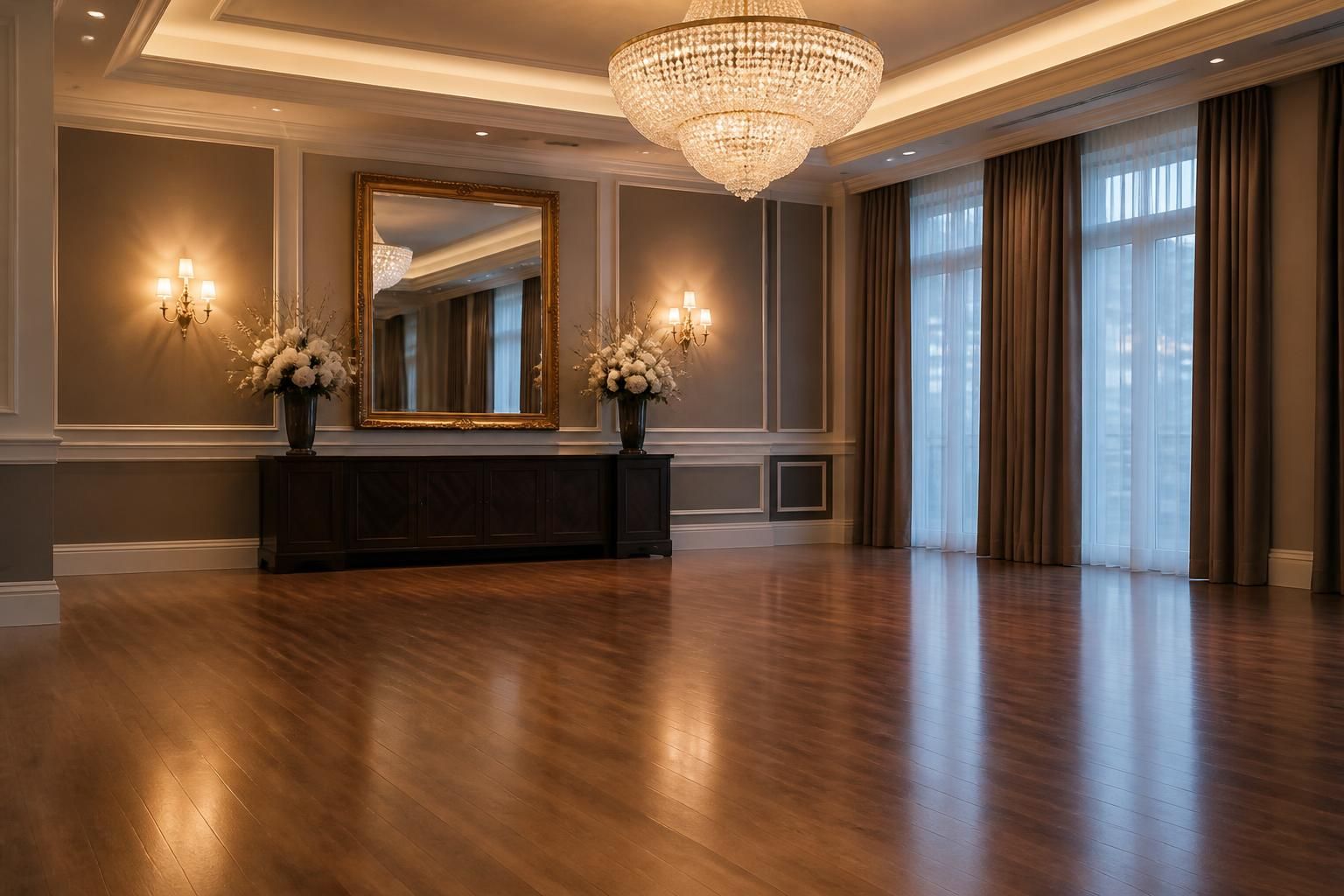 Elegant event-ready ballroom space prepared for private instruction.