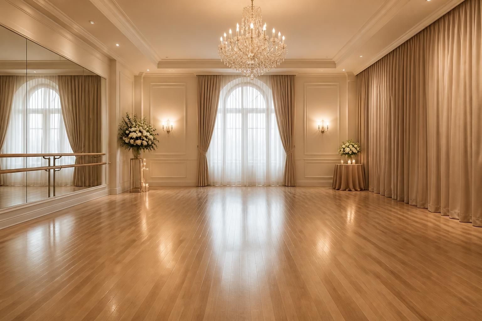 Romantic ballroom studio set up for wedding dance choreography.